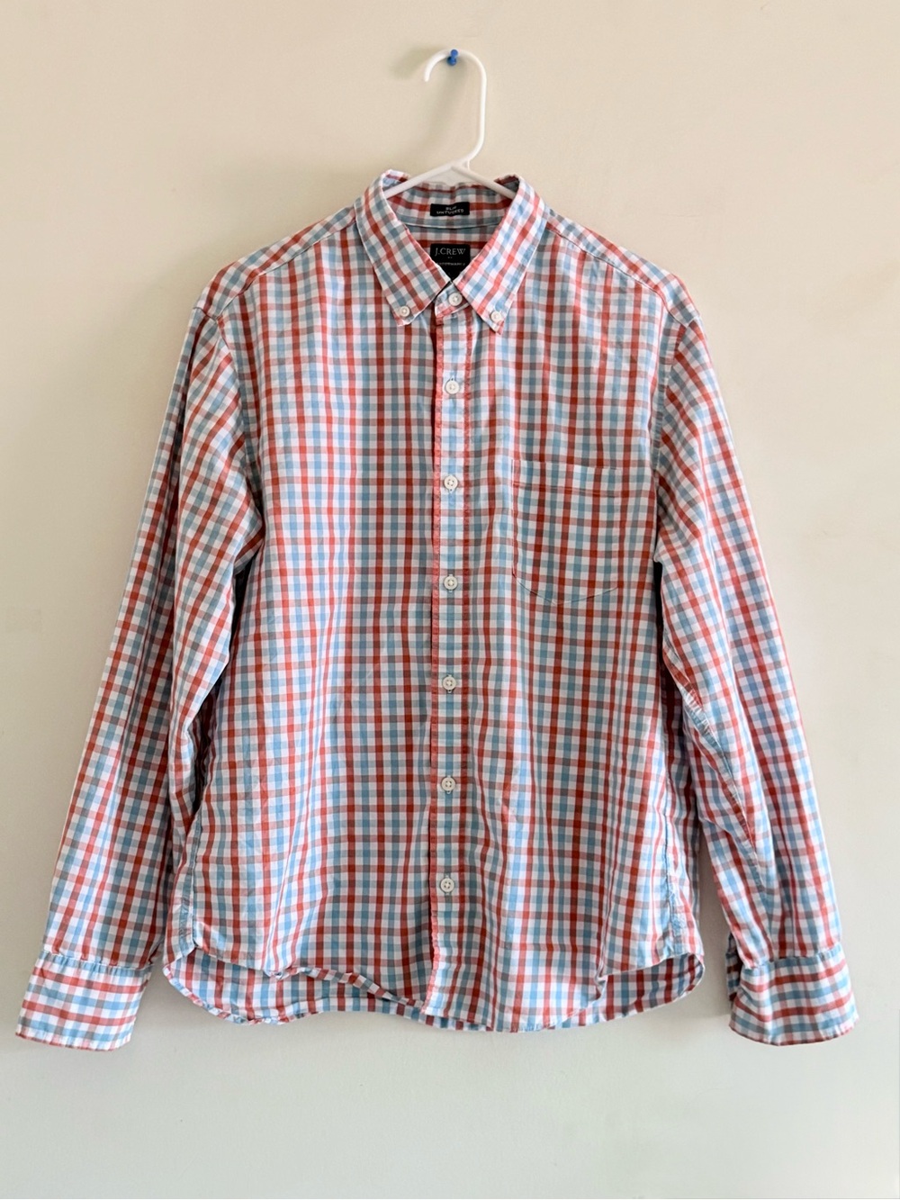 J. Crew Men’s Red and Light Blue Checked Button-Down Shirt